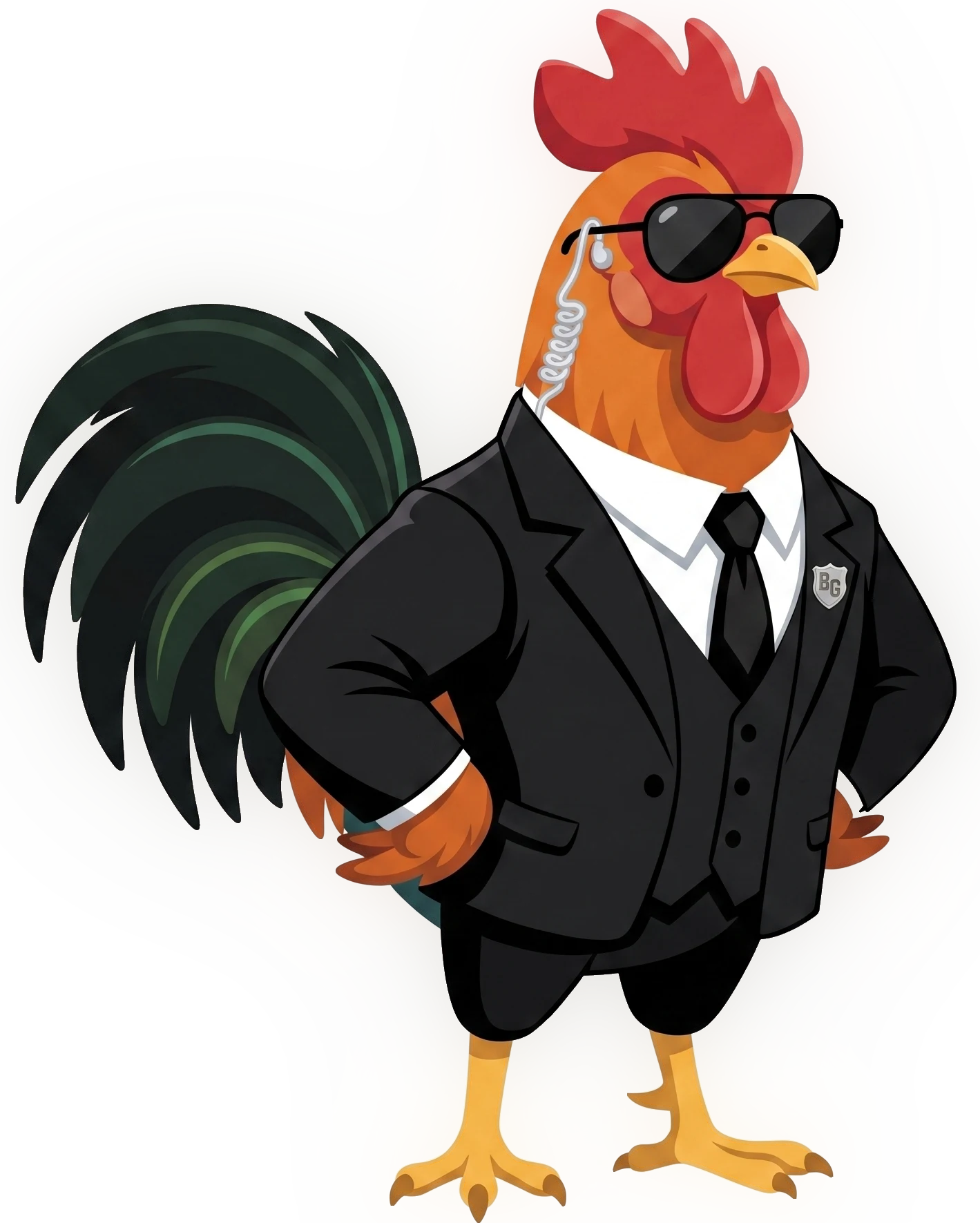 Der, der zwischen dir und der Schlummertaste steht: Roostas Hahn im schwarzen Anzug, mit Sonnenbrille und Ohrhörer, die Flügel in die Hüften gestemmt.