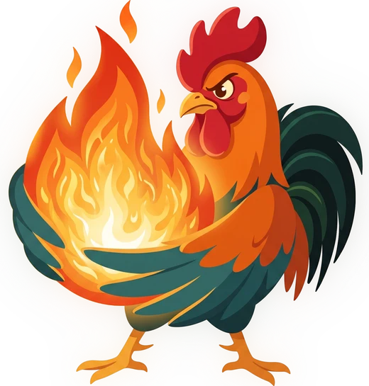 Roostas Hahn, in Flammen.