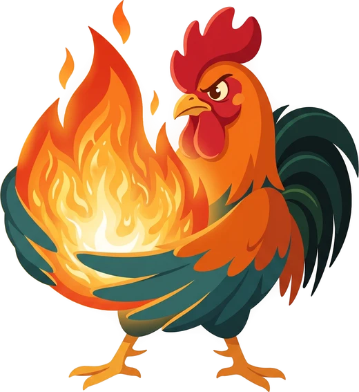 Roostas hane i flammer.