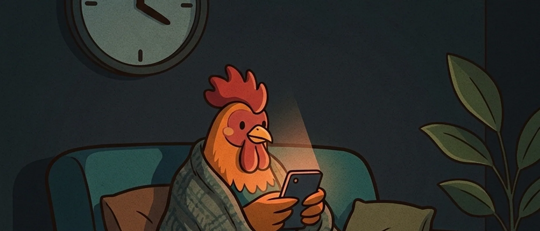 Ein Uhr nachts: Roostas Hahn tief im Sofa unter einer Decke, vom Telefon angeleuchtet, hinter ihm die Uhr an der Wand.